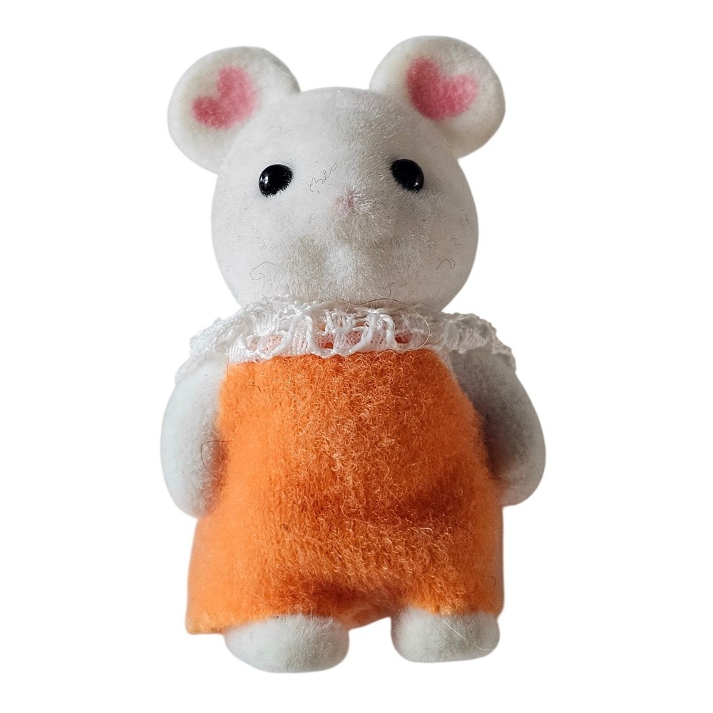 Calico Critters Marshmallow Mouse Sister White Flocked Figure Orange Dress